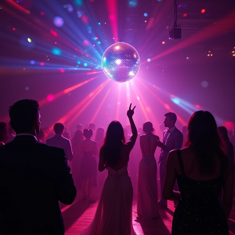 Globo de espelhos refletindo luzes vibrantes em um casamento brasileiro.
