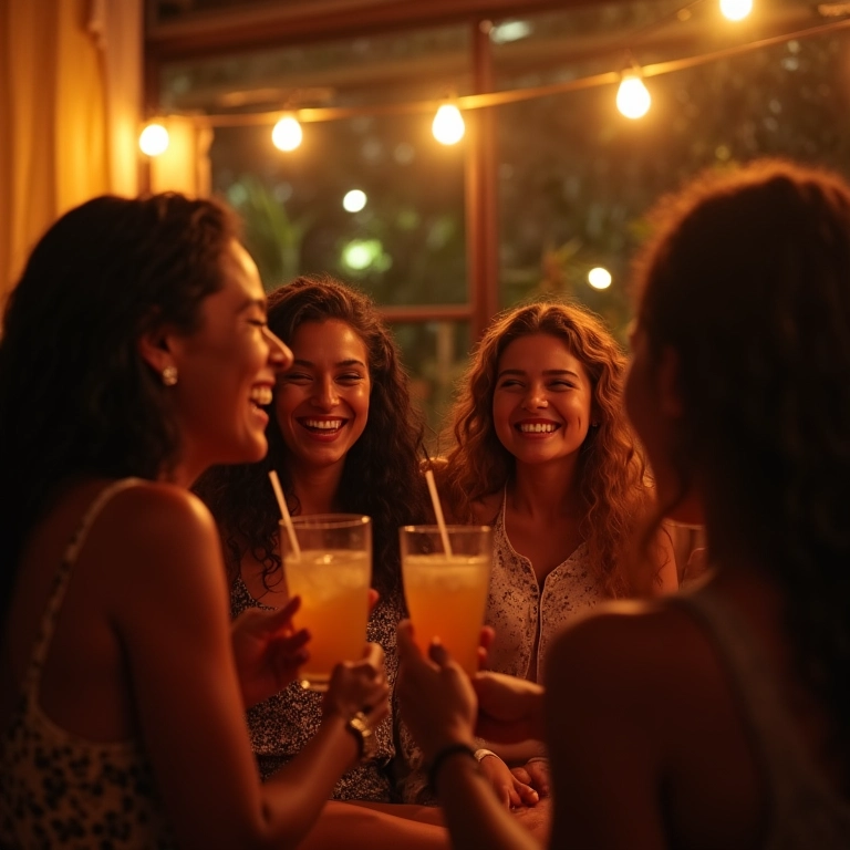 Grupo de amigos aproveitando after-party em casa aconchegante no Brasil.