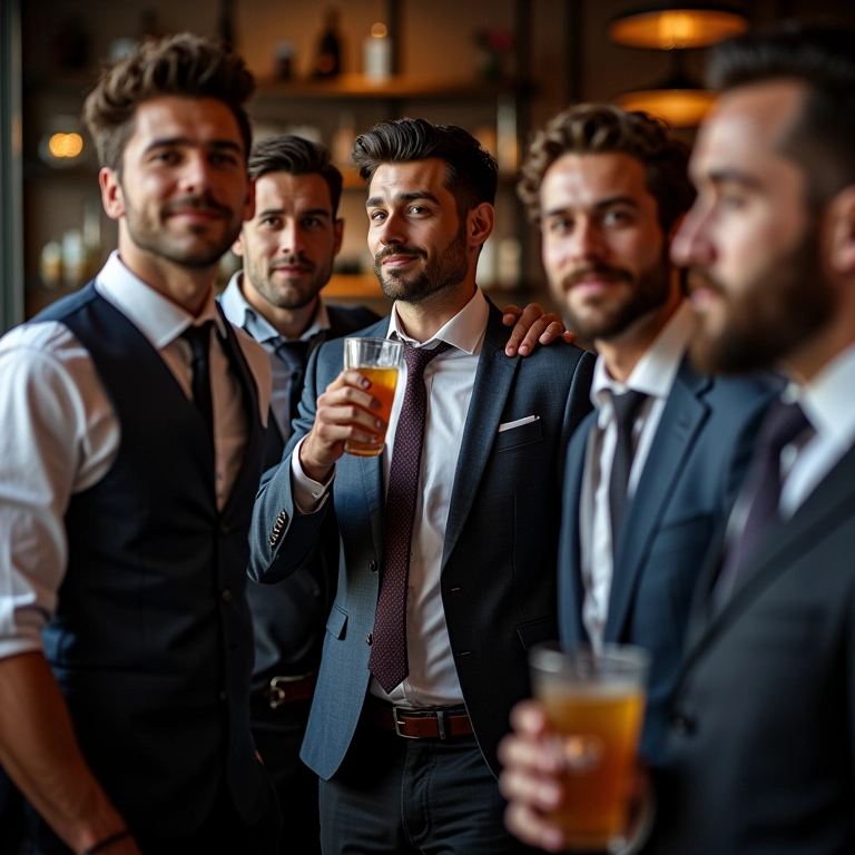 Grupo de amigos celebrando em barbearia moderna.