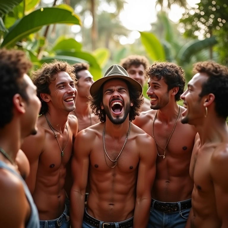 Grupo de amigos celebrando em uma animada festa de despedida de solteiro em um cenário tropical.