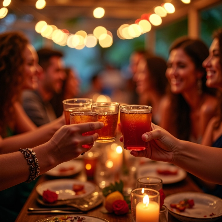Grupo diverso brindando com tequila em casamento temático mexicano.