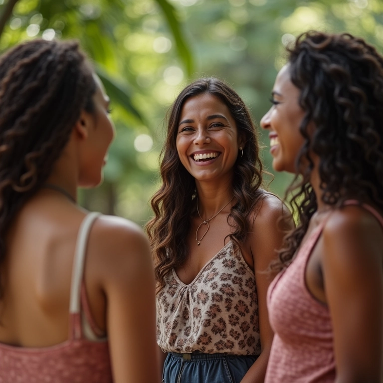 Grupo diverso de mulheres compartilhando histórias de casamento.
