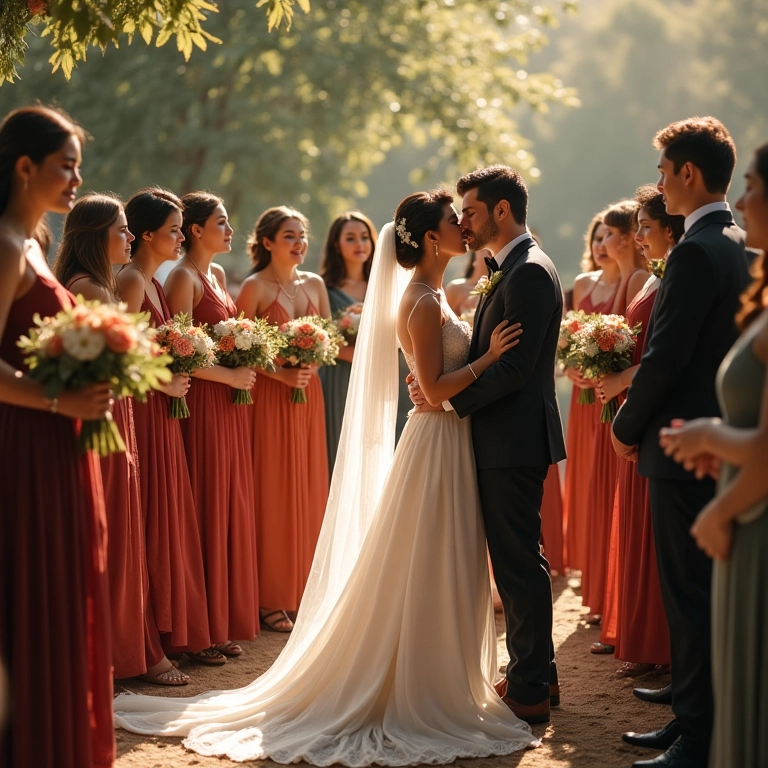 Grupo diverso posando para fotos protocolares em casamento elegante.