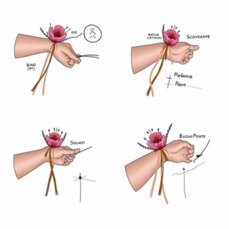 Guia visual de como fixar um corsage no pulso com segurança.