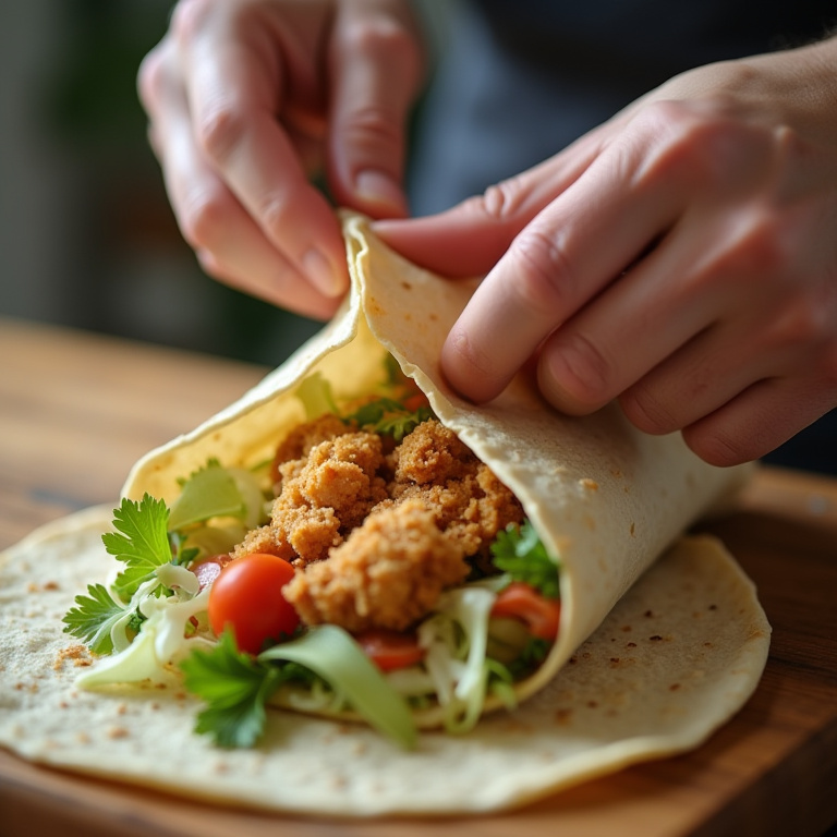 Hands carefully folding a chicken wrap, demonstrating the correct technique. Lifestyle photography, Montando um wrap de frango para não desmoronar.