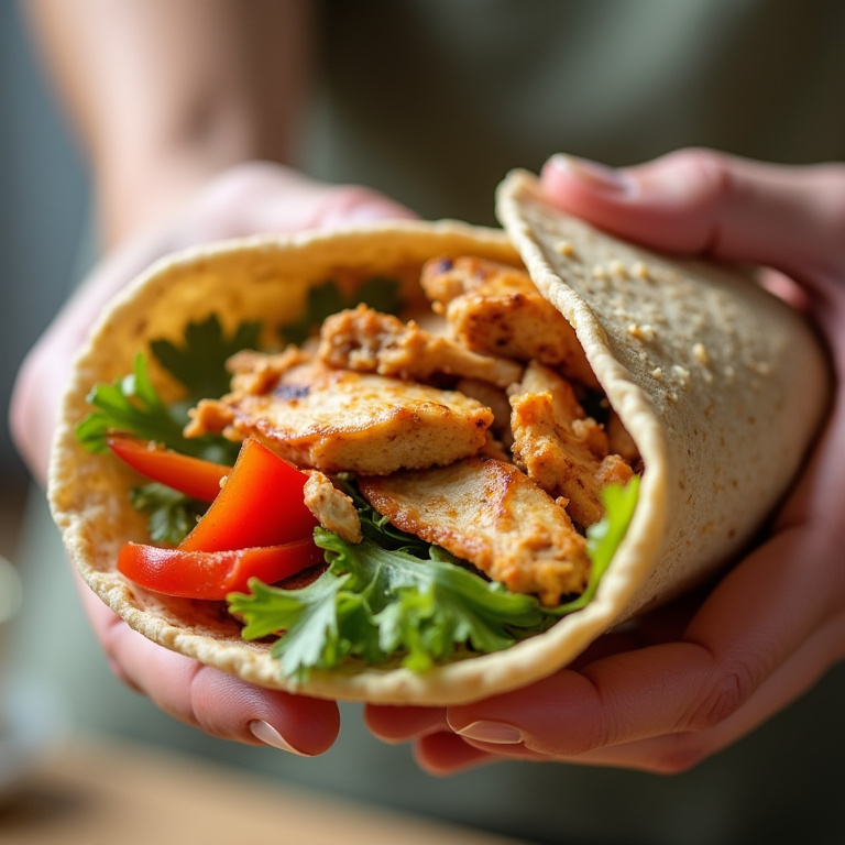 Hands preparing a chicken wrap with whole wheat tortilla, adding shredded chicken and colorful Montando um wrap de frango integral com legumes.