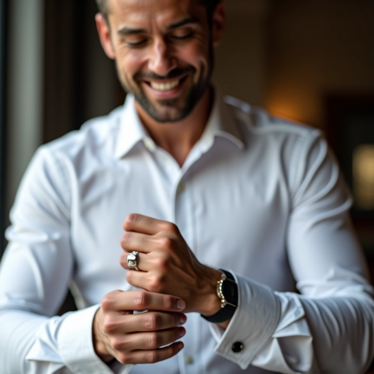 Homem elegante ajustando abotoadura em camisa branca