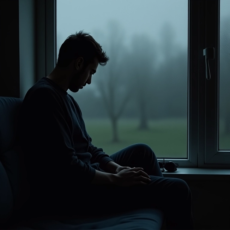 Homem triste após um pedido de casamento rejeitado, chuva na janela.