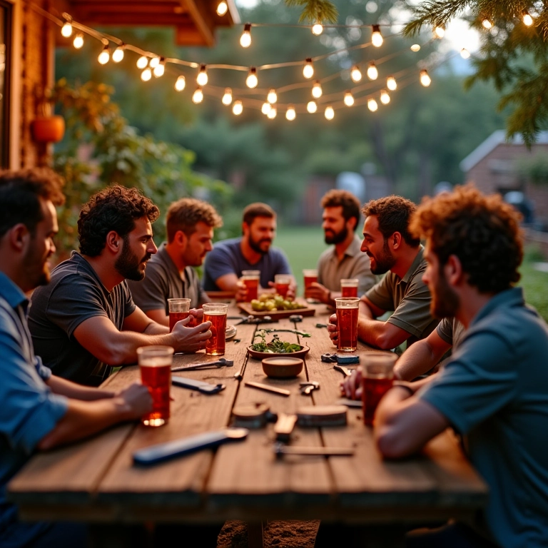 Homens reunidos em um animado Chá de Ferramentas ao ar livre.