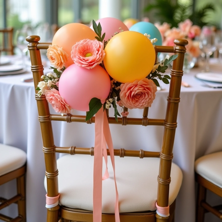 Ideias criativas para decorar as cadeiras dos noivos com balões, fitas e flores.