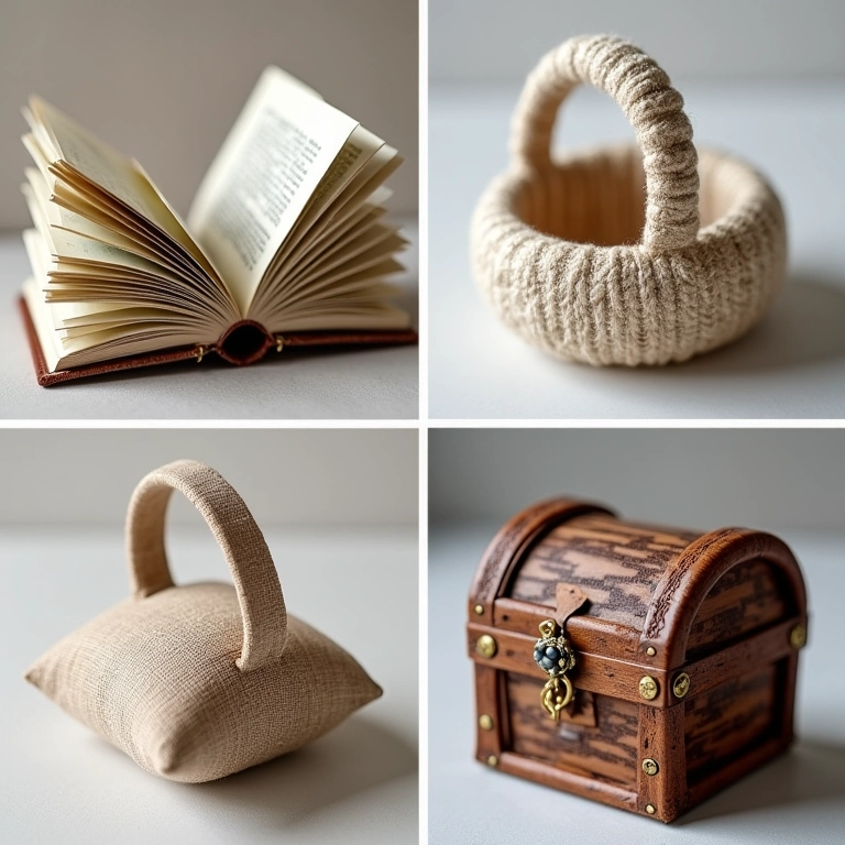 Ideias incríveis de porta-alianças criativo: livro, cesta, cofre em close.