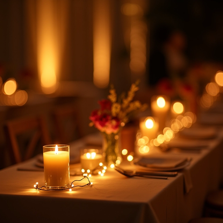 Iluminação de mesa de casamento com luzes de fio e velas, criando um ambiente acolhedor.