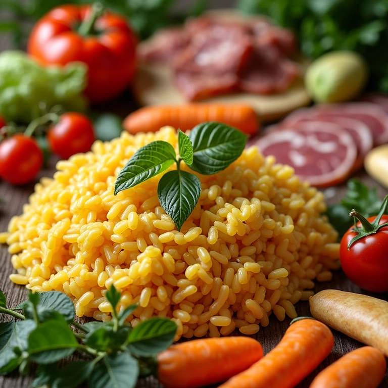 Ingredientes frescos e coloridos para risoto, dispostos de forma convidativa.