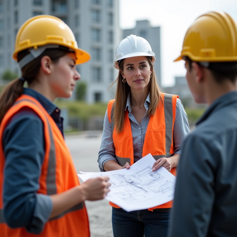 Inspetora experiente explicando planta para colegas mais jovens em obra.