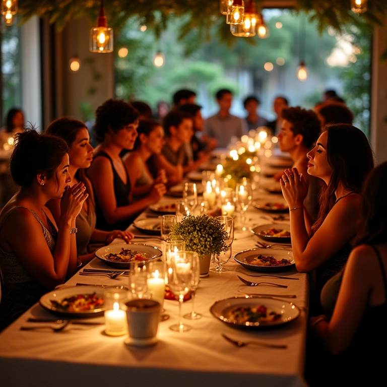 Jantar americano elegante com pessoas diversas apreciando a comida.
