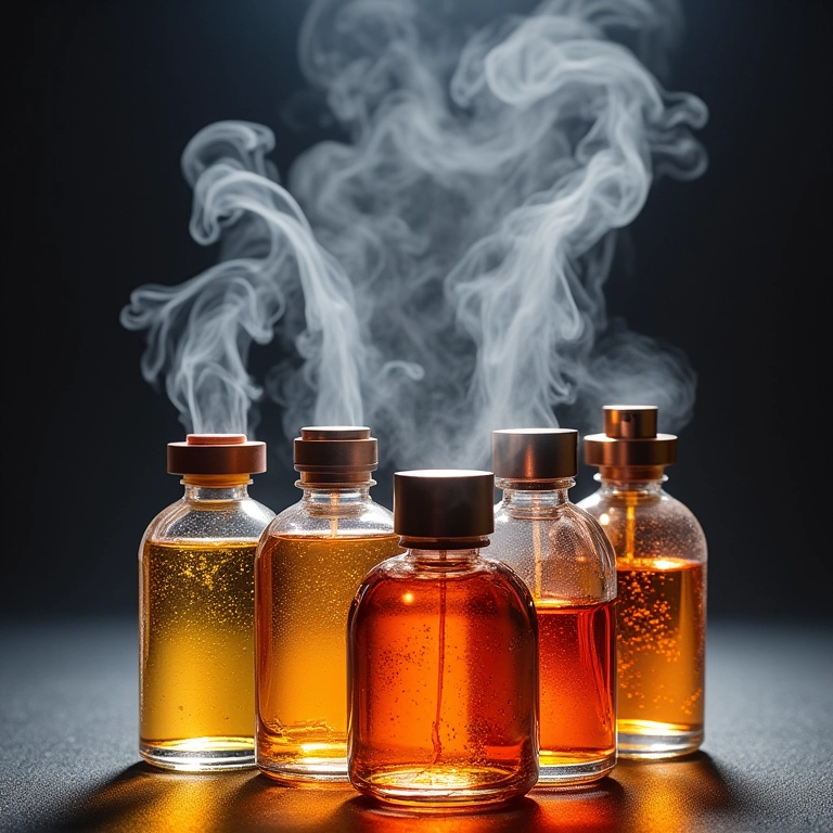 Jatos de perfumes diferentes sendo borrifados, criando uma mistura única.