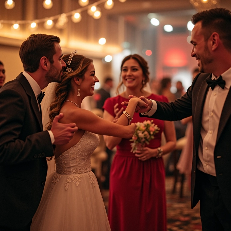 Jogo interativo com adereços durante uma festa de casamento animada.