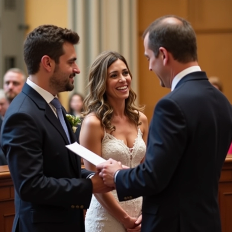 Juiz de paz celebrando cerimônia de casamento civil simples e elegante.