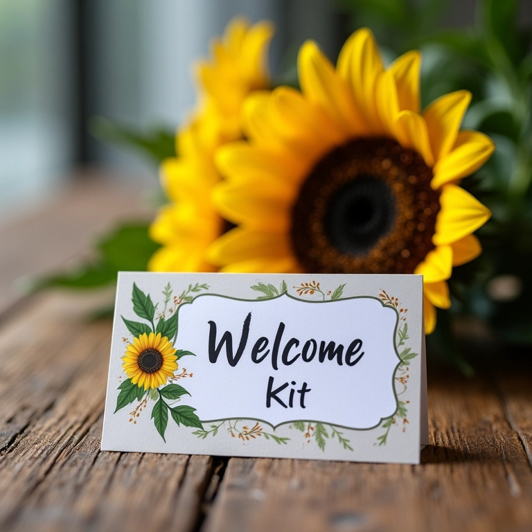 Kit de boas-vindas elegante com flores e cartão personalizado.