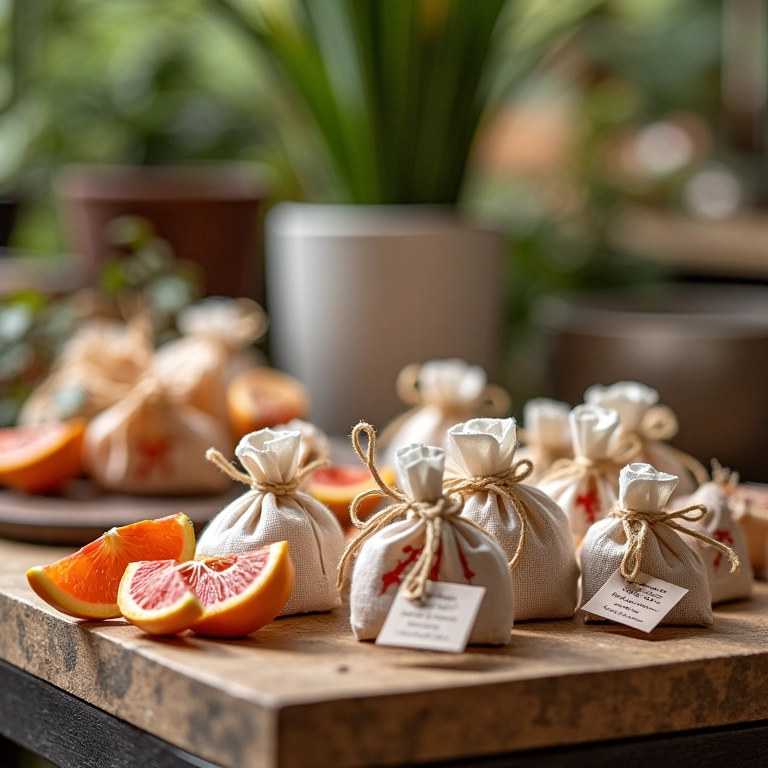 Lembrancinhas de casamento criativas em uma mesa com artesanato brasileiro.