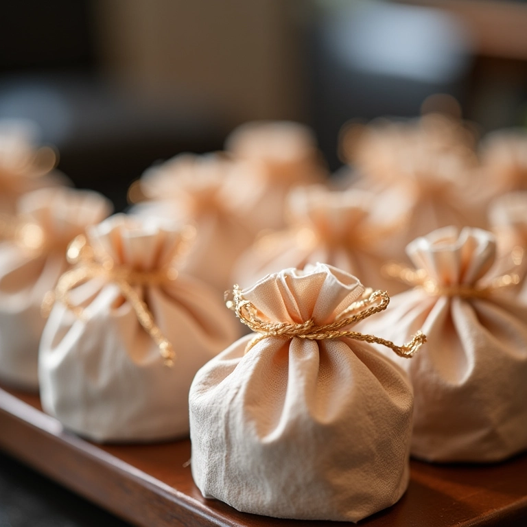 Lembrancinhas embrulhadas sendo organizadas após o evento.