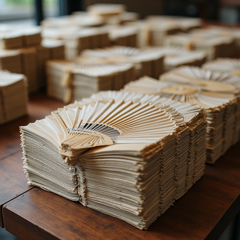 Leques empilhados para distribuição aos convidados.