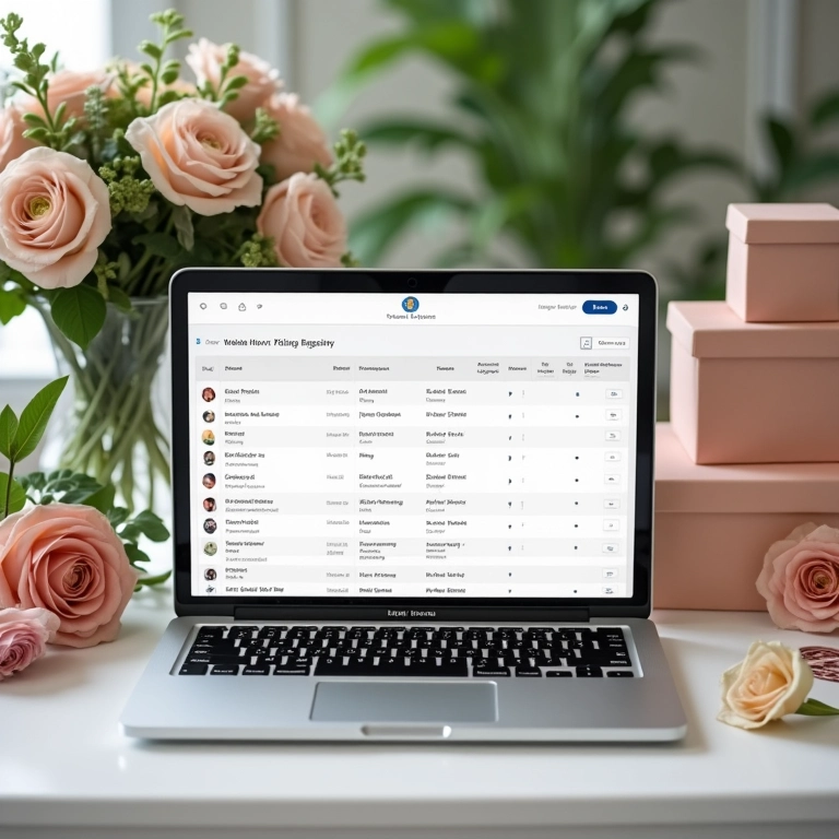Lista de presentes em dinheiro online para casamento exibida em um laptop, com decoração floral.