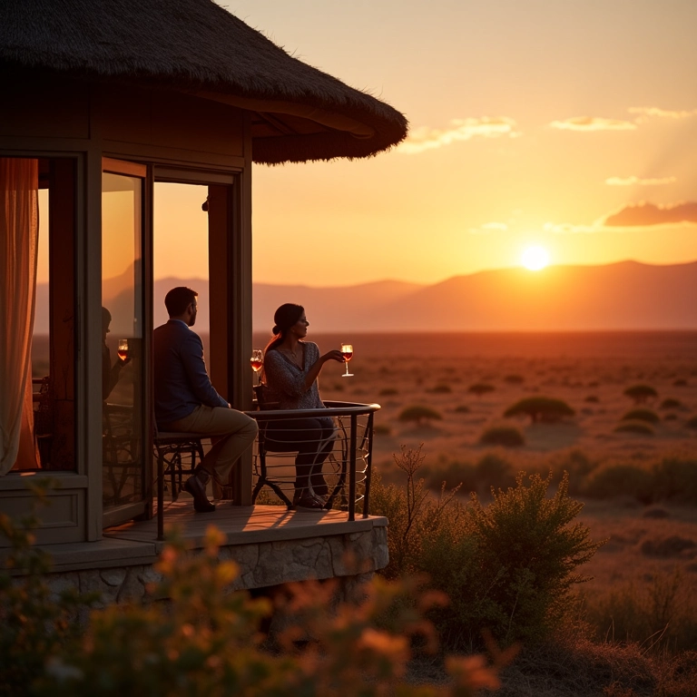 Lodge de luxo com vista para a savana africana ao pôr do sol.