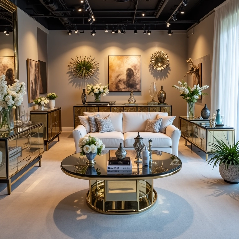 Loja de móveis elegante com variedade de mesas espelhadas.