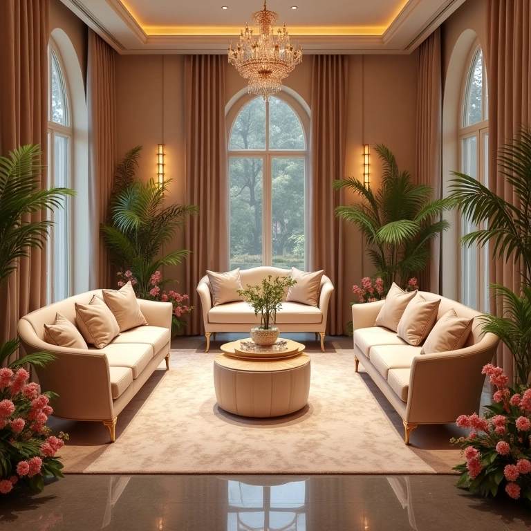 Lounge elegante para casamento com sofás confortáveis e iluminação suave.