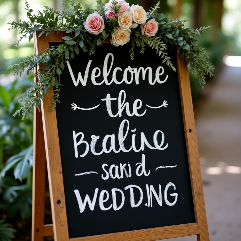 Lousa de casamento com mensagem de boas-vindas.
