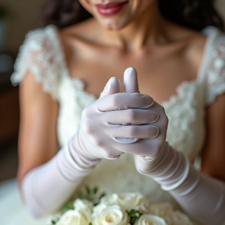 Luvas curtas brancas em mãos de noiva.