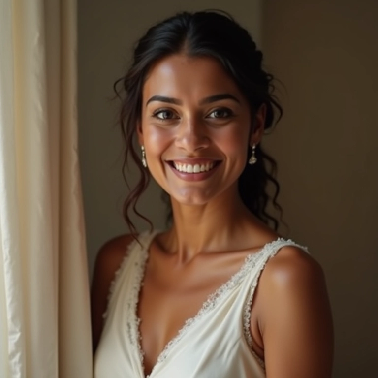 Madrinha evangélica com maquiagem discreta e elegante.