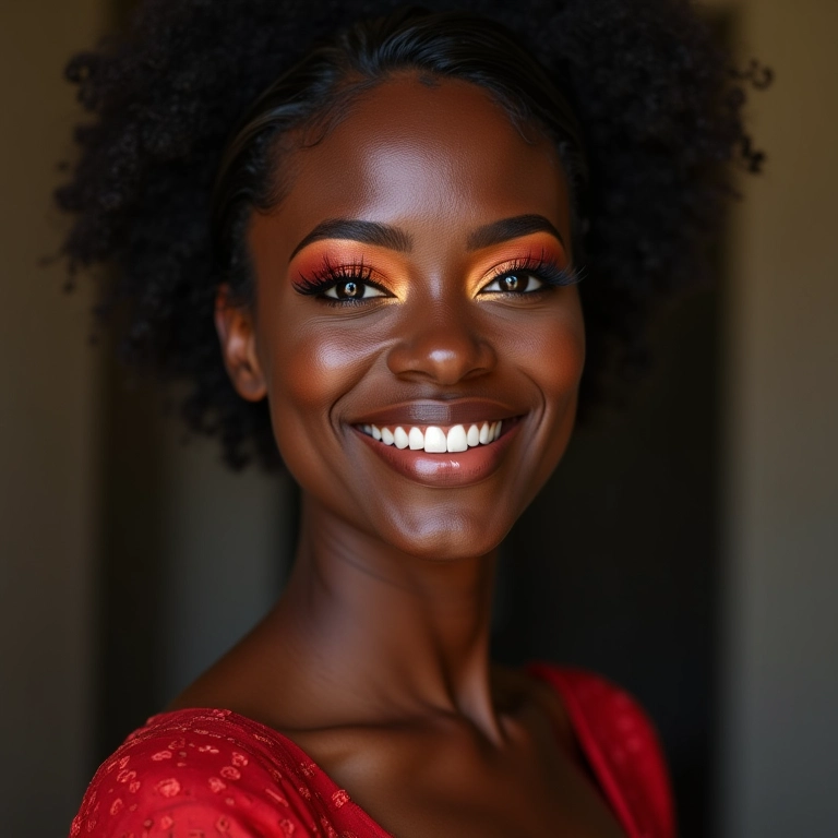 Madrinha negra com maquiagem vibrante e pele iluminada.