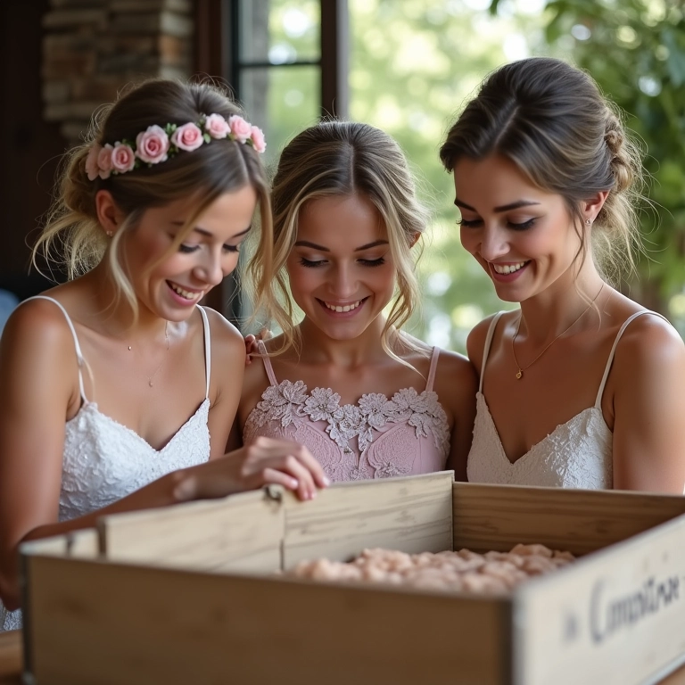 Madrinhas ajudando a preencher a caixa de memórias no casamento.