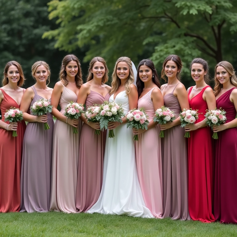 Madrinhas com vestidos coloridos e corsages combinando ou complementares.