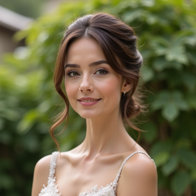 Mãe da noiva elegante com penteado sofisticado em um jardim.