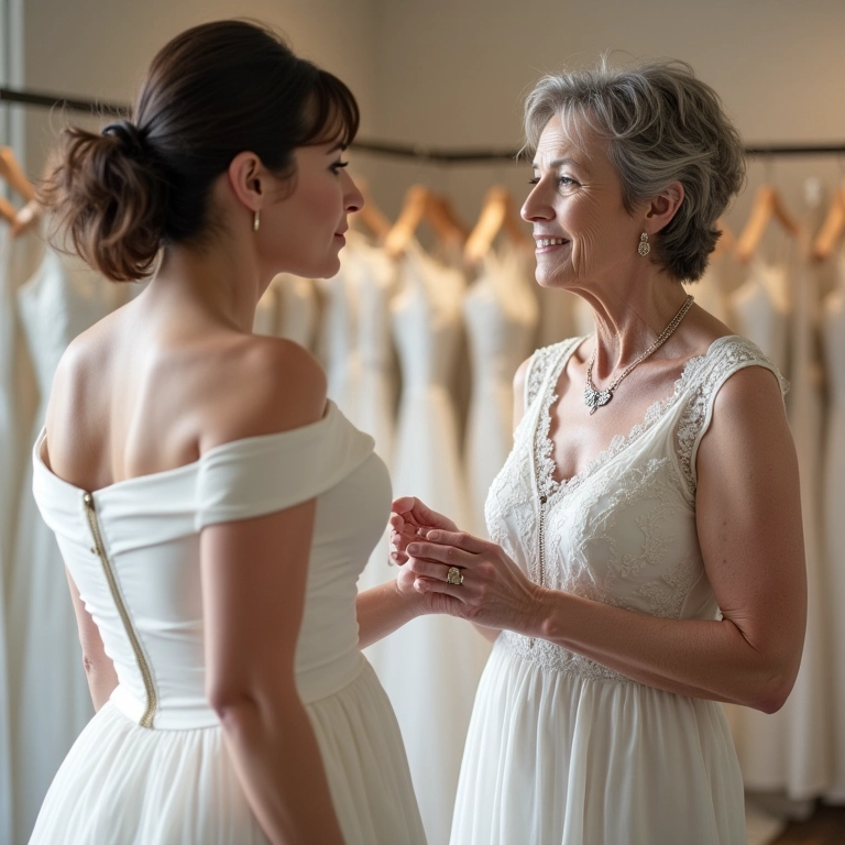 Mãe da noiva escolhendo vestido em boutique.