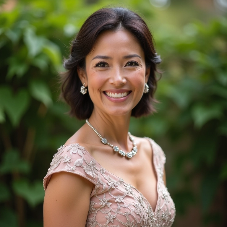 Mãe da noiva radiante com acessórios elegantes em casamento ao ar livre.