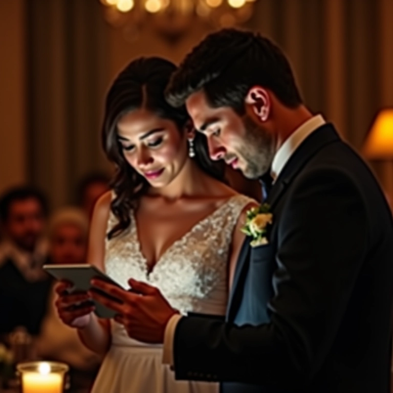 Mãe e noivo escolhendo música para a dança em tablet.