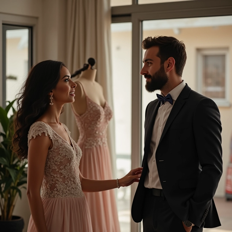 Mãe e noivo escolhendo roupas para a dança do casamento.