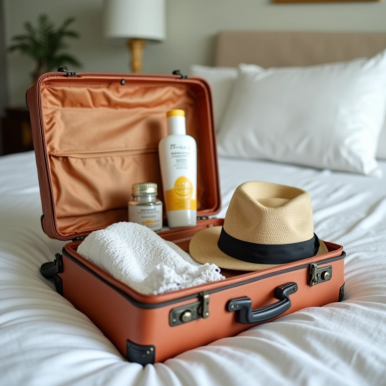 Mala aberta com itens essenciais para a lua de mel no Nordeste.