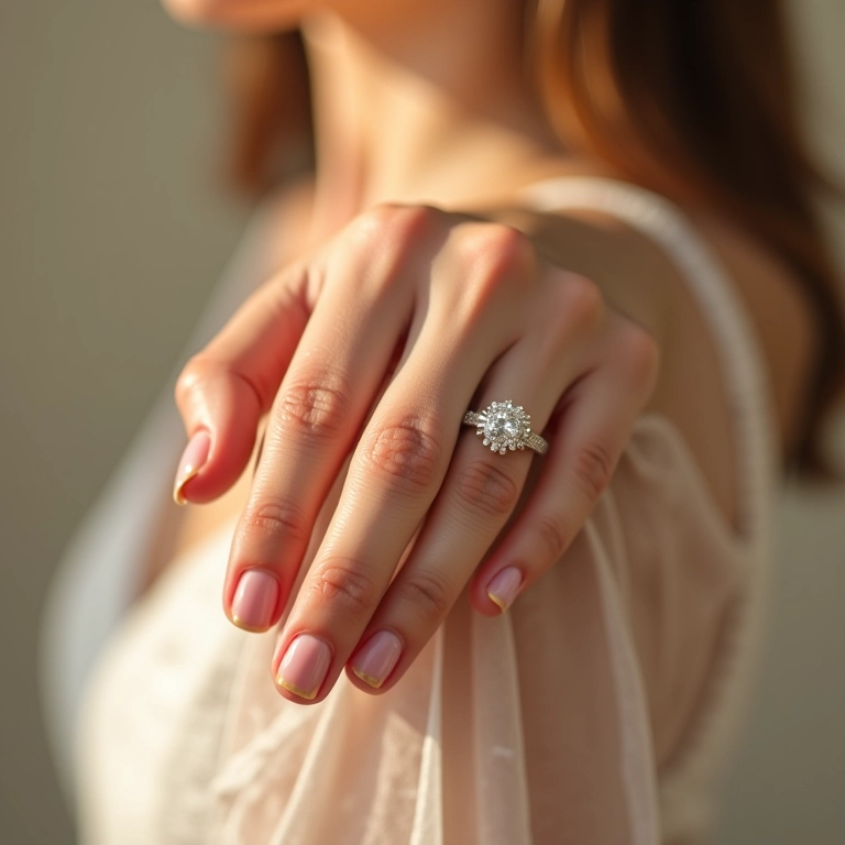 Mão de noiva com anel de brilhante deslumbrante.