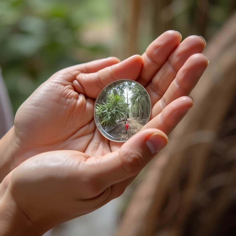 Mãos adicionando uma nova foto à caixa de memórias.