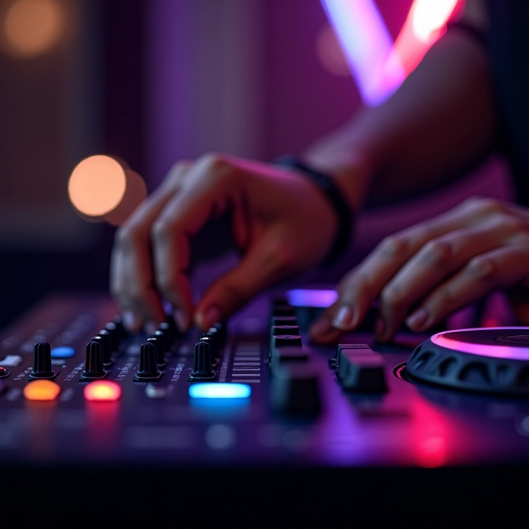 Mãos ajustando as configurações de som em um mixer de DJ.