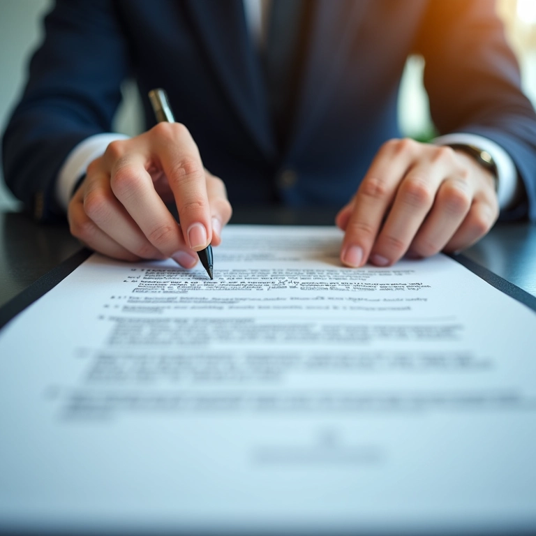 Mãos analisando contrato de fotografia detalhado em ambiente profissional.