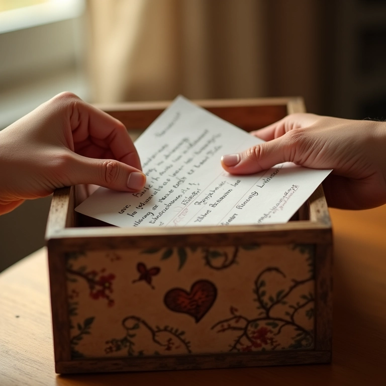 Mãos colocando cartas em uma caixa de memórias decorada.