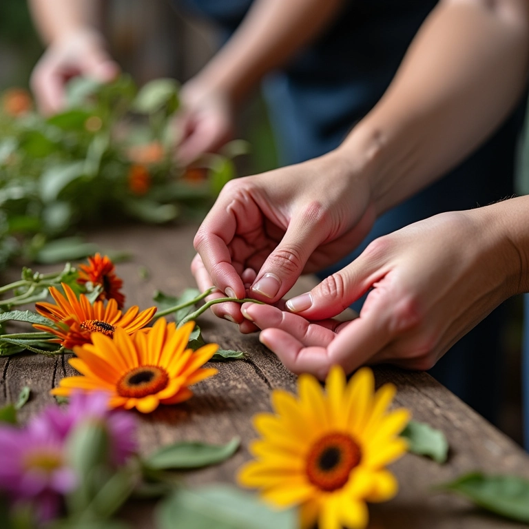 Mãos criando decoração DIY para casamento.