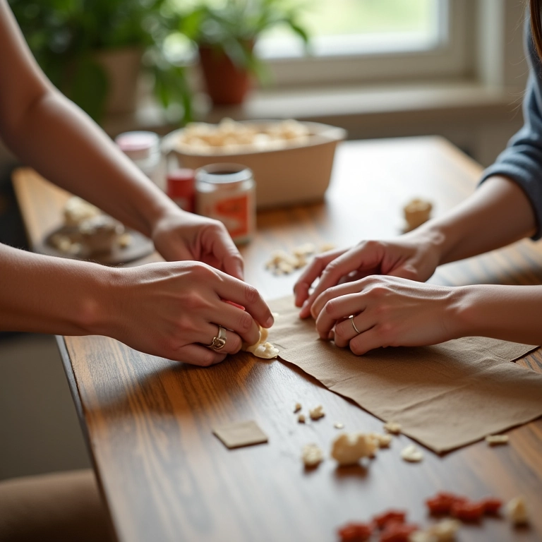 Mãos criando lembrancinhas DIY em mesa de artesanato.
