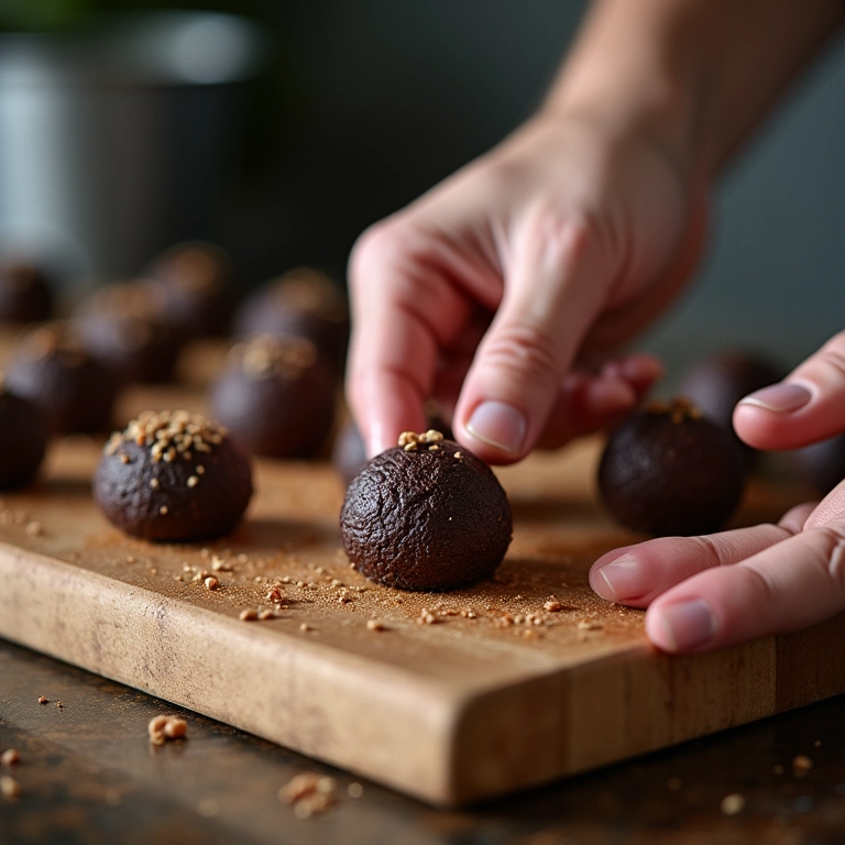 Mãos de especialista preparando brigadeiros gourmet em cozinha estilo Farm Rio.